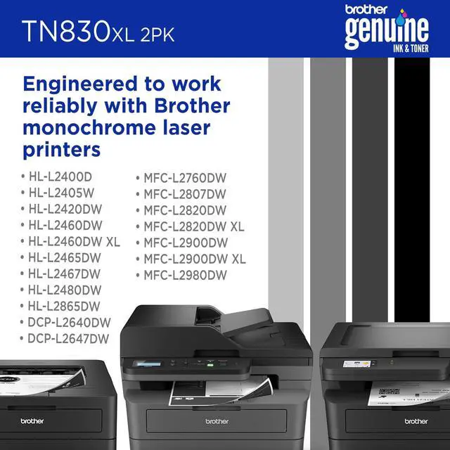 Alt view image 5 of 7 - Genuine TN830XL 2PK Black High Yield Printer Toner Cartridge 2-Pack Print up to 3,000 Pages Each(1) | Genuine TN830XL, Up to 3, 000 Pages per Cartridge