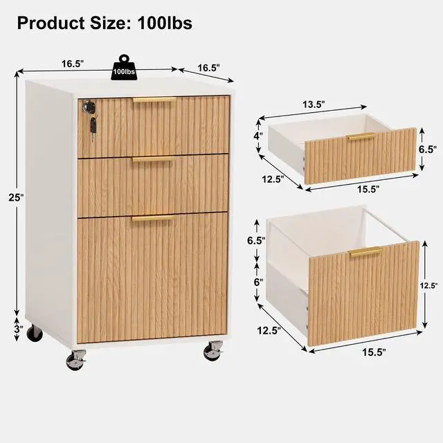 Alt view image 2 of 7 - 3 Drawers Fluted Mobile File Cabinet with Lock, Rolling File Cabinet Printer Stand Table, Under Desk Wooden Filing Cabinets for Home Office Essentials Storage Organization Furniture Letters/A4(Oak)