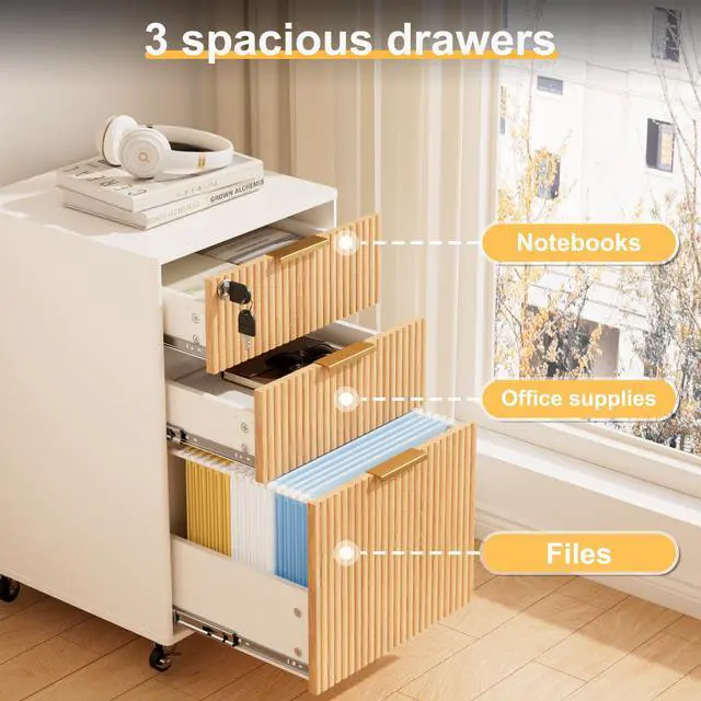 Alt view image 4 of 7 - 3 Drawers Fluted Mobile File Cabinet with Lock, Rolling File Cabinet Printer Stand Table, Under Desk Wooden Filing Cabinets for Home Office Essentials Storage Organization Furniture Letters/A4(Oak)