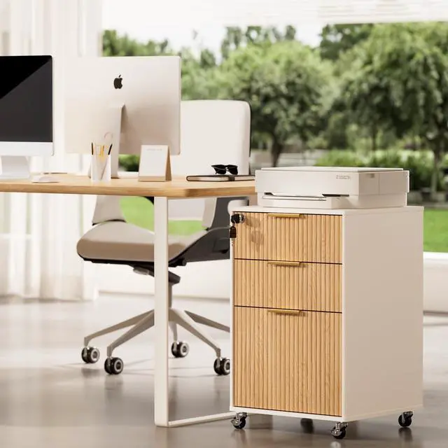 Alt view image 7 of 7 - 3 Drawers Fluted Mobile File Cabinet with Lock, Rolling File Cabinet Printer Stand Table, Under Desk Wooden Filing Cabinets for Home Office Essentials Storage Organization Furniture Letters/A4(Oak)