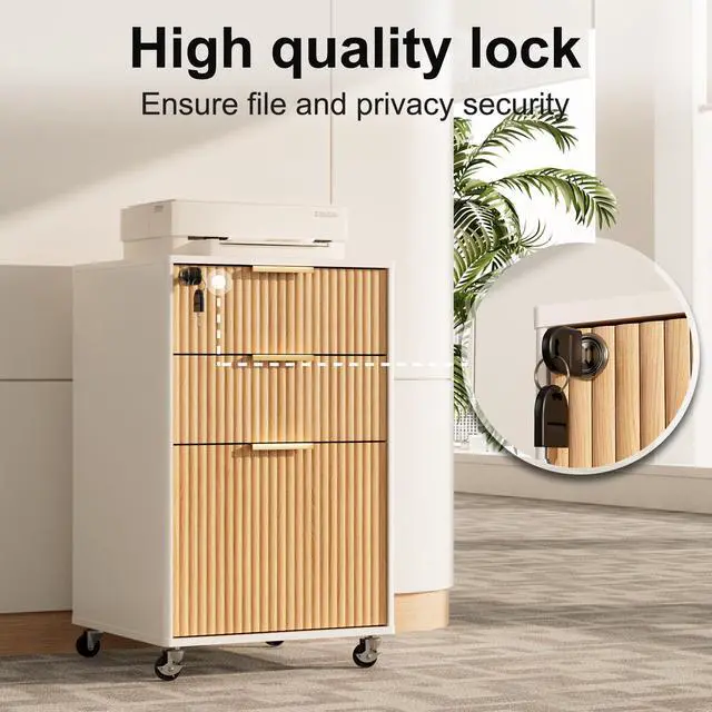 Alt view image 6 of 7 - 3 Drawers Fluted Mobile File Cabinet with Lock, Rolling File Cabinet Printer Stand Table, Under Desk Wooden Filing Cabinets for Home Office Essentials Storage Organization Furniture Letters/A4(Oak)