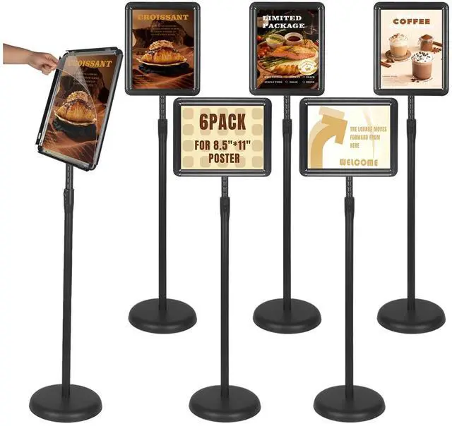 Main image of Sign Stand Holder 6PACK Floor Sign Holder with Base for 8.5x11 inches,Both Vertical & Horizontal View Displayed,Snap-Open Frame with Safety Corner for School Church,Black