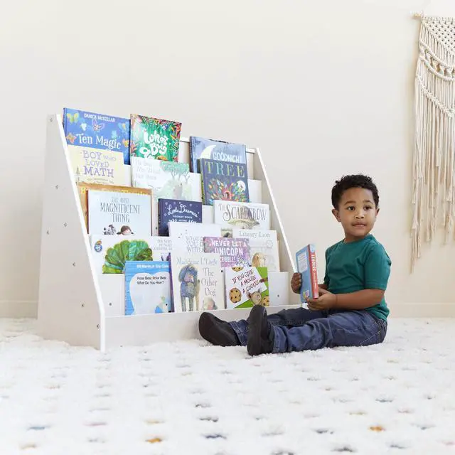 Alt view image 2 of 7 - Single-Sided Wooden Book Display, Montessori Furniture, White Wash | Independent book browsing, 5 deep shelves, home and classroom use, durable birch, GREENGUARD Gold Certified