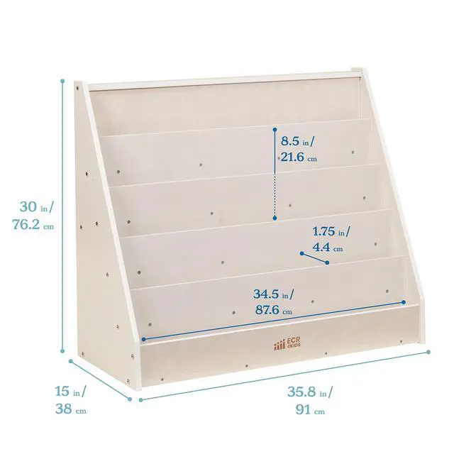 Alt view image 3 of 7 - Single-Sided Wooden Book Display, Montessori Furniture, White Wash | Independent book browsing, 5 deep shelves, home and classroom use, durable birch, GREENGUARD Gold Certified
