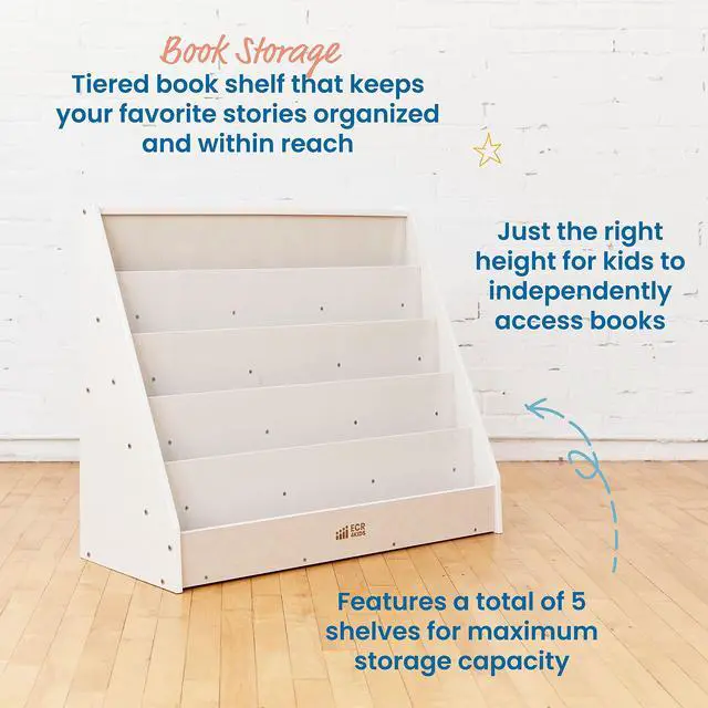 Alt view image 5 of 7 - Single-Sided Wooden Book Display, Montessori Furniture, White Wash | Independent book browsing, 5 deep shelves, home and classroom use, durable birch, GREENGUARD Gold Certified