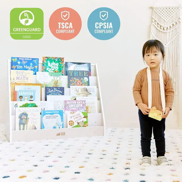 Alt view image 6 of 7 - Single-Sided Wooden Book Display, Montessori Furniture, White Wash | Independent book browsing, 5 deep shelves, home and classroom use, durable birch, GREENGUARD Gold Certified