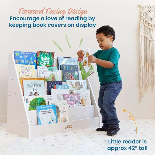 Alt view image 4 of 7 - Single-Sided Wooden Book Display, Montessori Furniture, White Wash | Independent book browsing, 5 deep shelves, home and classroom use, durable birch, GREENGUARD Gold Certified