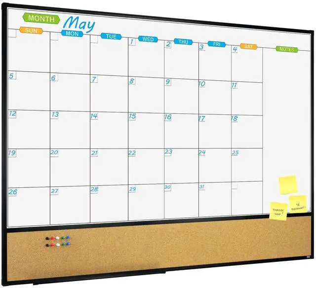 Main image of Magnetic Calendar Whiteboard & Bulletin Corkboard Combination, Combo Board 48 x 36 Inch, Black Aluminum Frame Wall Mounted Board for Office Home and School with 10 Push Pins