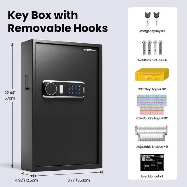 Alt view image 2 of 7 - 172 Key Heavy Duty Lock Box Wall Mount for Keys with Code | Electeonic Key Cabinet with Key-Out Tags, Deposit Slot, Adjustable Hooks, Silent Mode, LED Light For Key Storage Management