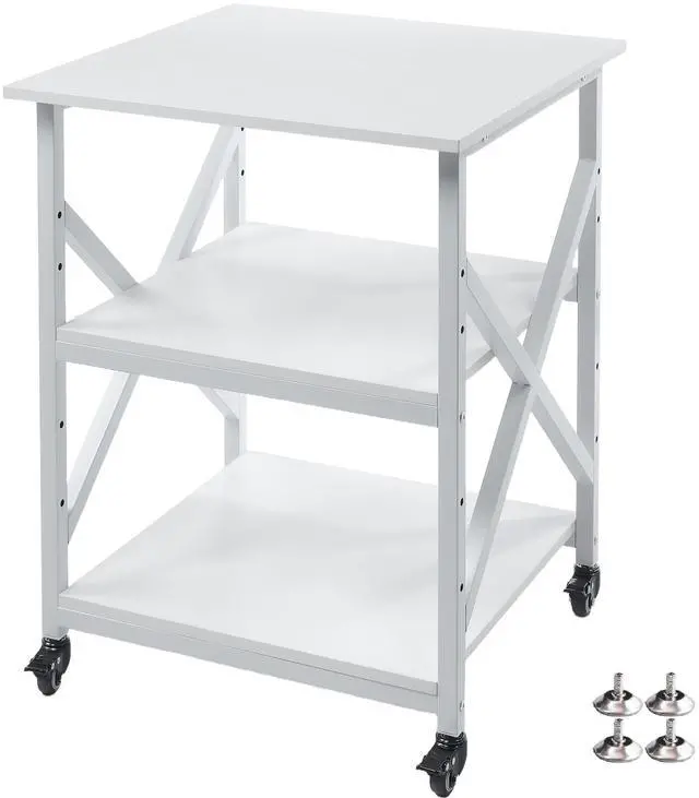 Main image of Large Printer Stand with Height Adjustable Storage Shelf, 23.6 x 23.6 Inches Square Printer Table with Industrial Wheels, Multi-use 3 Tier Rolling Printer Cart for Home Office - White