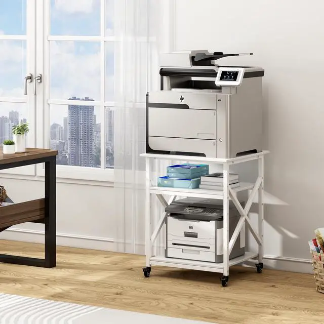 Alt view image 2 of 7 - Large Printer Stand with Height Adjustable Storage Shelf, 23.6 x 23.6 Inches Square Printer Table with Industrial Wheels, Multi-use 3 Tier Rolling Printer Cart for Home Office - White