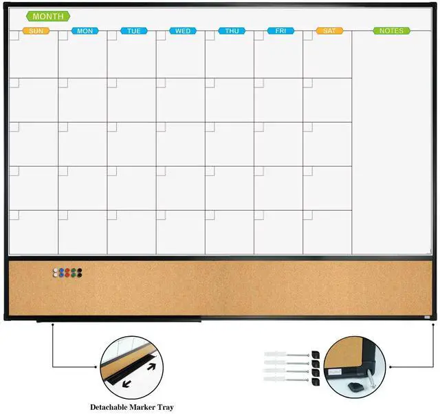 Alt view image 2 of 6 - Magnetic Calendar Whiteboard & Bulletin Corkboard Combination, Combo Board 48 x 36 Inch, Black Aluminum Frame Wall Mounted Board for Office Home and School with 10 Push Pins