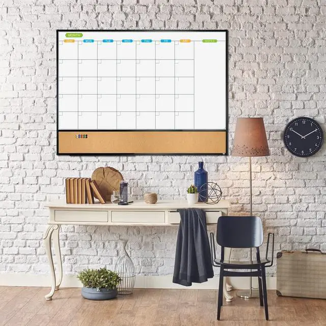 Alt view image 5 of 6 - Magnetic Calendar Whiteboard & Bulletin Corkboard Combination, Combo Board 48 x 36 Inch, Black Aluminum Frame Wall Mounted Board for Office Home and School with 10 Push Pins
