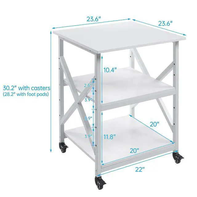Alt view image 3 of 7 - Large Printer Stand with Height Adjustable Storage Shelf, 23.6 x 23.6 Inches Square Printer Table with Industrial Wheels, Multi-use 3 Tier Rolling Printer Cart for Home Office - White