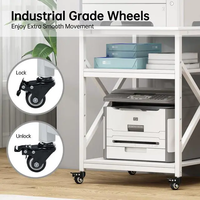 Alt view image 5 of 7 - Large Printer Stand with Height Adjustable Storage Shelf, 23.6 x 23.6 Inches Square Printer Table with Industrial Wheels, Multi-use 3 Tier Rolling Printer Cart for Home Office - White