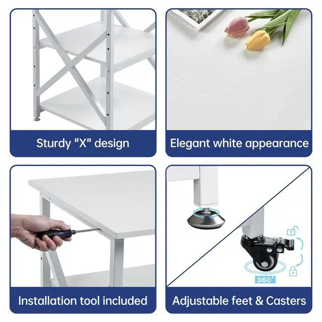Alt view image 7 of 7 - Large Printer Stand with Height Adjustable Storage Shelf, 23.6 x 23.6 Inches Square Printer Table with Industrial Wheels, Multi-use 3 Tier Rolling Printer Cart for Home Office - White