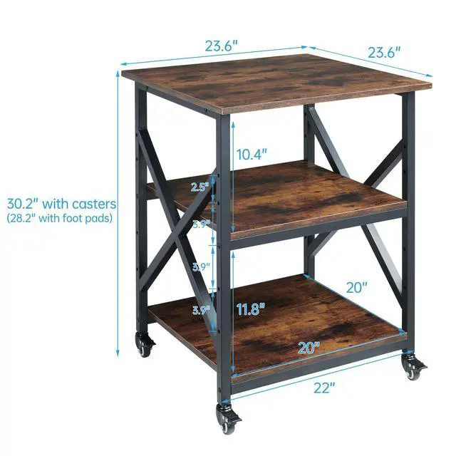 Alt view image 3 of 7 - 23.6 x 23.6 Inches Large Printer Stand, 3 Tier Square Printer Table with Height Adjustable Storage Shelf, Rolling Printer Cart with Industrial Wheels for Home Office - Rustic Brown