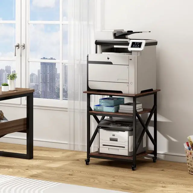 Alt view image 2 of 7 - 23.6 x 23.6 Inches Large Printer Stand, 3 Tier Square Printer Table with Height Adjustable Storage Shelf, Rolling Printer Cart with Industrial Wheels for Home Office - Rustic Brown