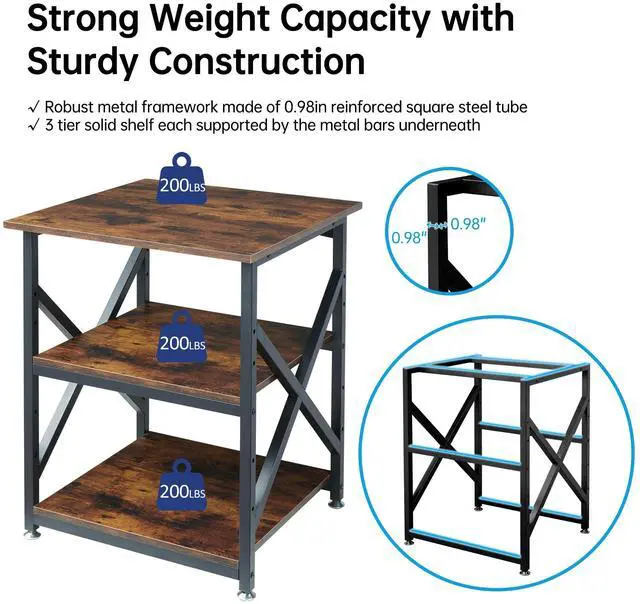 Alt view image 4 of 7 - 23.6 x 23.6 Inches Large Printer Stand, 3 Tier Square Printer Table with Height Adjustable Storage Shelf, Rolling Printer Cart with Industrial Wheels for Home Office - Rustic Brown