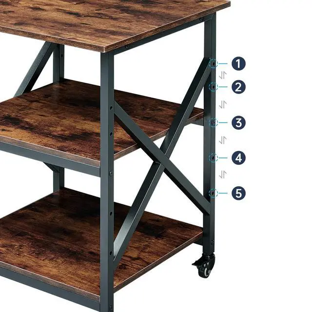 Alt view image 6 of 7 - 23.6 x 23.6 Inches Large Printer Stand, 3 Tier Square Printer Table with Height Adjustable Storage Shelf, Rolling Printer Cart with Industrial Wheels for Home Office - Rustic Brown