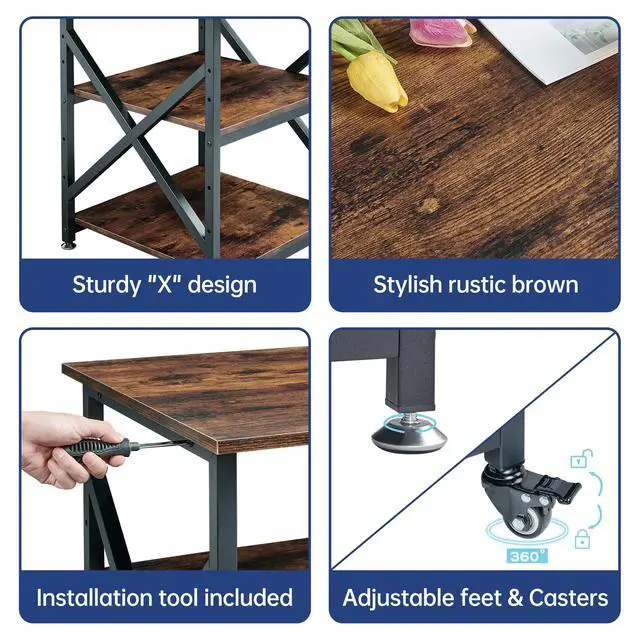 Alt view image 7 of 7 - 23.6 x 23.6 Inches Large Printer Stand, 3 Tier Square Printer Table with Height Adjustable Storage Shelf, Rolling Printer Cart with Industrial Wheels for Home Office - Rustic Brown