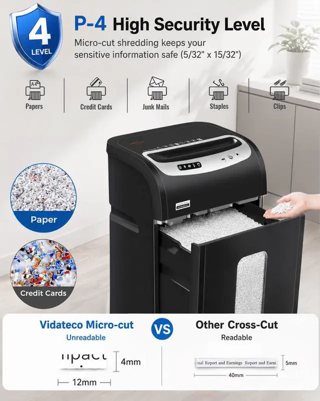 Alt view image 4 of 7 - 18-Sheet Paper Shredder for Home Office Heavy Duty Micro Cut | 60-Minute Micro Cut P-4 Security, Auto-Reverse Anti-Jam System, 7.9-Gallon Pullout Bin, Shreds Staples/CD/Credit Cards (ETL)
