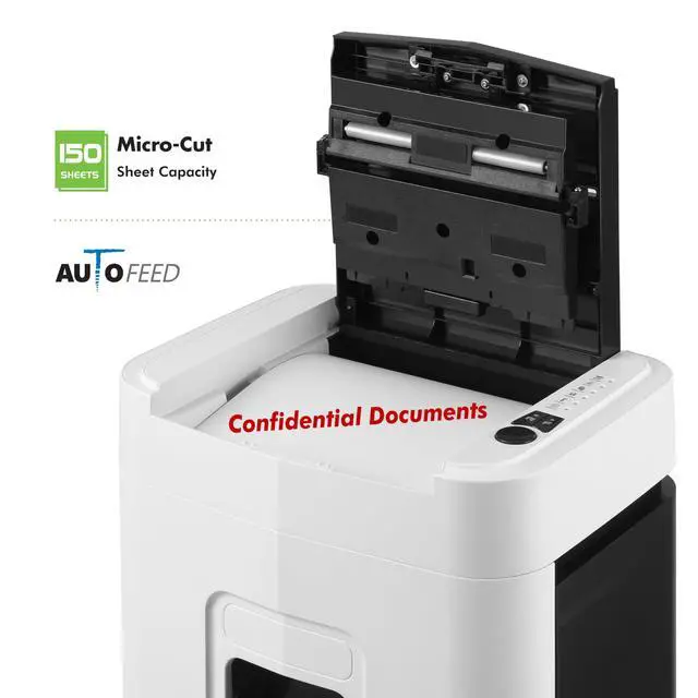 Alt view image 3 of 7 - High Security 150-Sheet Auto Feed Micro-Cut Paper and Credit Card Shredder with 6.3 Gallon Pullout Basket / 60 Minutes/Security Level P-4