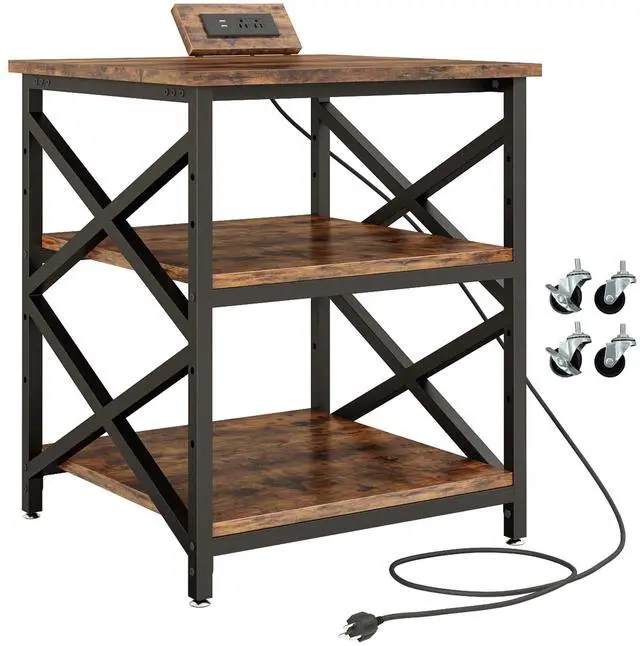 Main image of Large Printer Stand with Power Outlet, with Height Adjustable Storage Shelf, 3 Tier Rolling Printer Cart with Industrial Wheels, 23.6 x 23.6 Inches Printer Table for Home Office, Rustic Brown