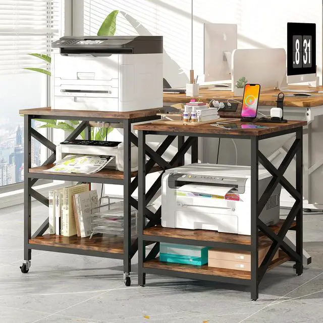 Alt view image 2 of 7 - Large Printer Stand with Power Outlet, with Height Adjustable Storage Shelf, 3 Tier Rolling Printer Cart with Industrial Wheels, 23.6 x 23.6 Inches Printer Table for Home Office, Rustic Brown
