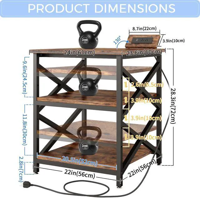 Alt view image 3 of 7 - Large Printer Stand with Power Outlet, with Height Adjustable Storage Shelf, 3 Tier Rolling Printer Cart with Industrial Wheels, 23.6 x 23.6 Inches Printer Table for Home Office, Rustic Brown