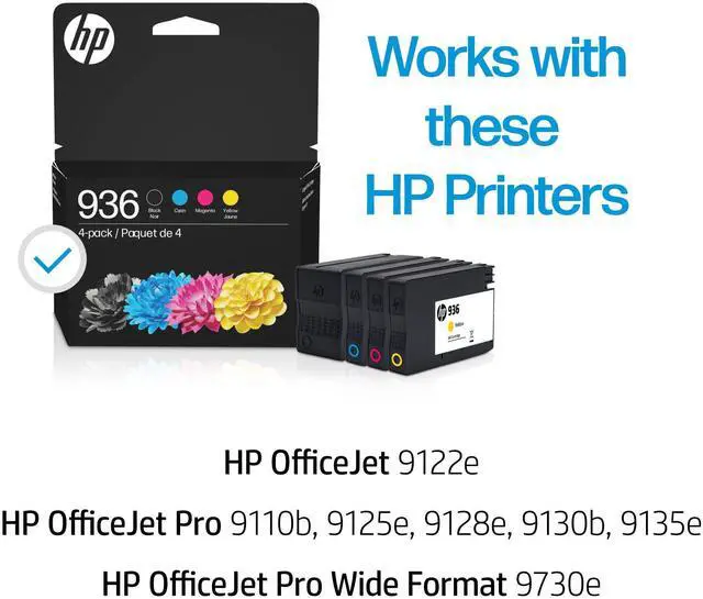 Alt view image 2 of 7 - 936 Black, Cyan, Magenta, Yellow Ink Cartridges (4-Pack) | Works with OfficeJet 9120, Pro 9110, 9120, 9130, Wide Format 9730 | Eligible for Instant Ink | 6C3Z5LN