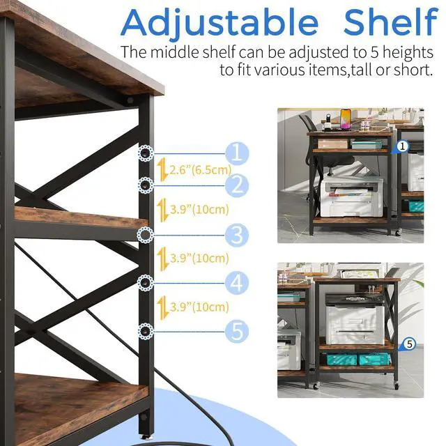 Alt view image 5 of 7 - Large Printer Stand with Power Outlet, with Height Adjustable Storage Shelf, 3 Tier Rolling Printer Cart with Industrial Wheels, 23.6 x 23.6 Inches Printer Table for Home Office, Rustic Brown