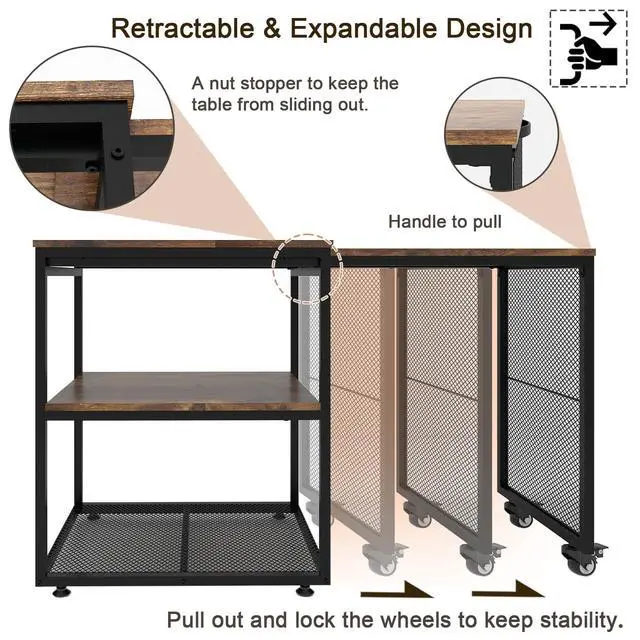 Alt view image 3 of 7 - 24''x20'' Large Printer Stand,Extendable Home Craft Table,Retro | Home Office Organization Desk,Pull Out Table for Large Work Station, for Home Office, Kitchen, Study Room, Living Room