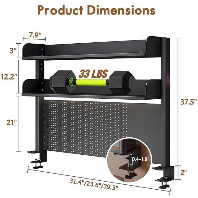 Alt view image 3 of 7 - Clamp On Desk Pegboard Shelf - Metal Desktop Organizer Hutch with 2 Shelves for Storage and Display, Desk Add-On Shelf for Office, Dorm, or Computer Monitor Stand, Black, 23.6In