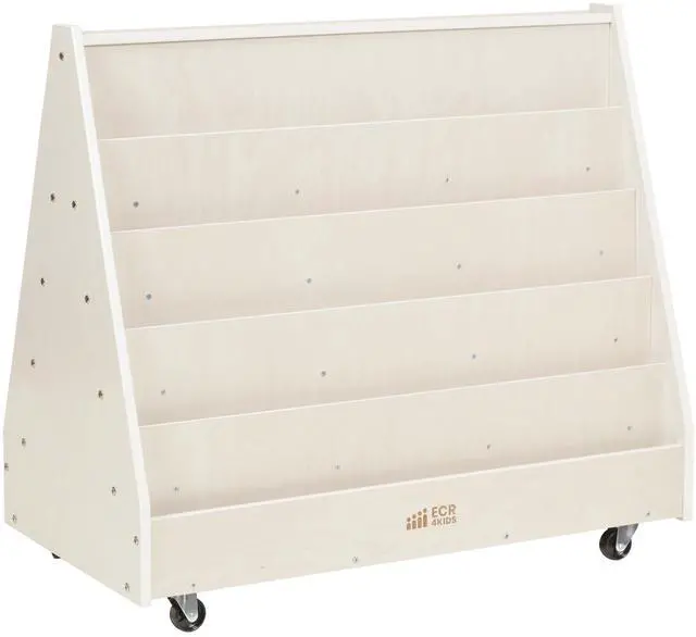 Main image of Double-Sided Mobile Wooden Book Display, Classroom Organization, White Wash | Independent book browsing, 10 deep shelves, durable birch, GREENGUARD Gold Certified