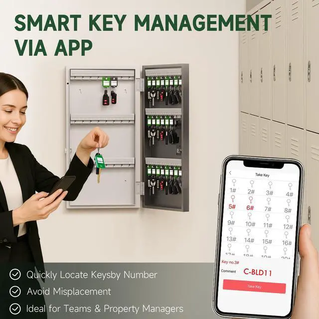 Alt view image 7 of 7 - 48-Key Smart Key Lock Box Wall Mount Commercial Key Cabinet with App, Keypad, Bluetooth & WiFi Unlock (Sold Separately), Access Log Tracking, Key Management System for School, Rental, Office