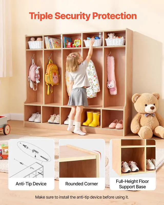 Alt view image 6 of 7 - 5-Section Coat Locker with Bench, Kids Lockers with 10 Hooks & Non-Slip Mat, Classroom Cubbies for Daycare, Home, Kindergarten- Natural