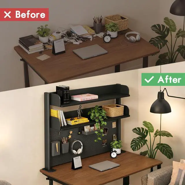 Alt view image 4 of 6 - Clamp On Desk Shelf Organizer with Pegboard Desk Hutch Dorm with Storage Bookshelf Desk Top Organizer Shelf Multi-Purpose White & Black Desktop Shelves & Office Shelves (Black, W - 23.6")