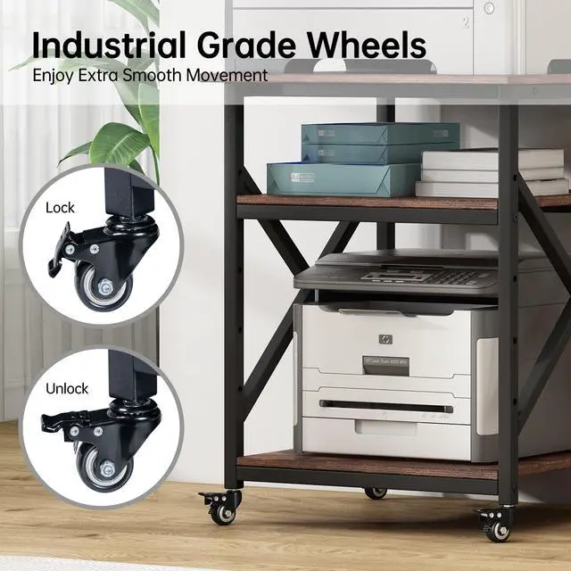Alt view image 5 of 7 - 23.6 x 23.6 Inches Large Printer Stand, 3 Tier Square Printer Table with Height Adjustable Storage Shelf, Rolling Printer Cart with Industrial Wheels for Home Office - Rustic Brown