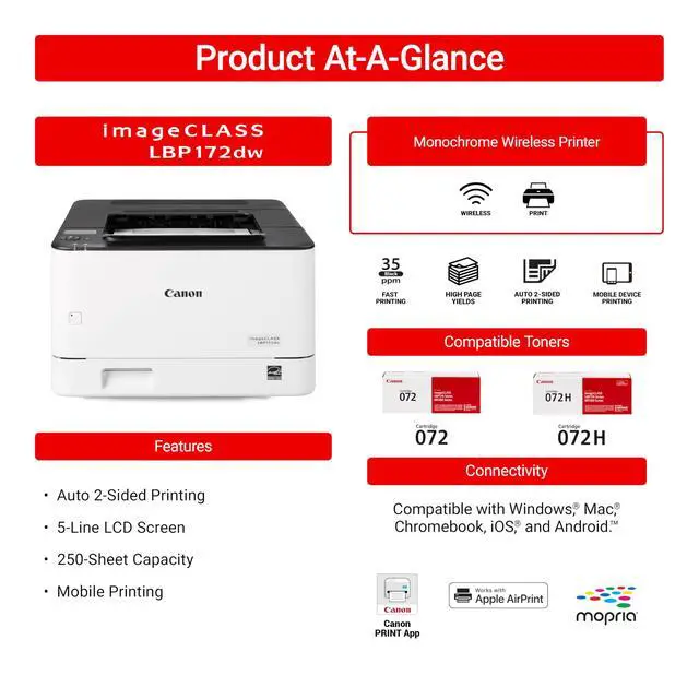 Alt view image 3 of 7 - imageCLASS LBP172dw Monochrome Duplex, Wireless Laser Printer, Single Function, Home Office, Mobile Ready, 1 Year, 35 PPM, White