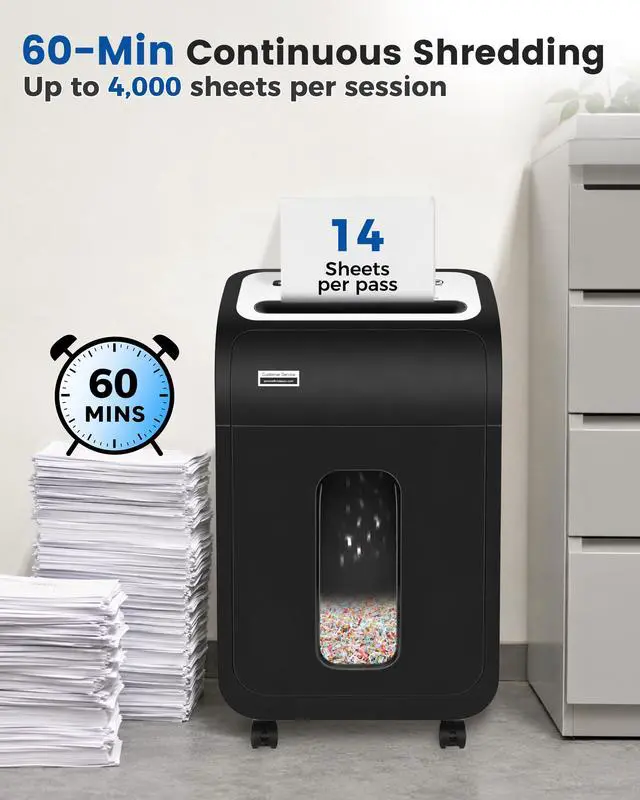 Alt view image 3 of 7 - 14-Sheet Micro Cut Paper Shredder for Home Office Heavy Duty | Auto-Reverse Anti-Jam, 60-Min Runtime P-4 Security, 5.3-Gallon Basket, Commercial Grade Shreds Staple/ CD/ Credit/ Card, ETL