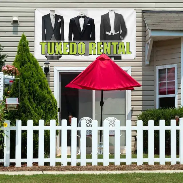 Alt view image 3 of 6 - Vinyl Banner Multiple Sizes Tuxedo Rental Outdoor Advertising Printing Business Outdoor Weatherproof Industrial Yard Signs White 10 Grommets 60x144Inches