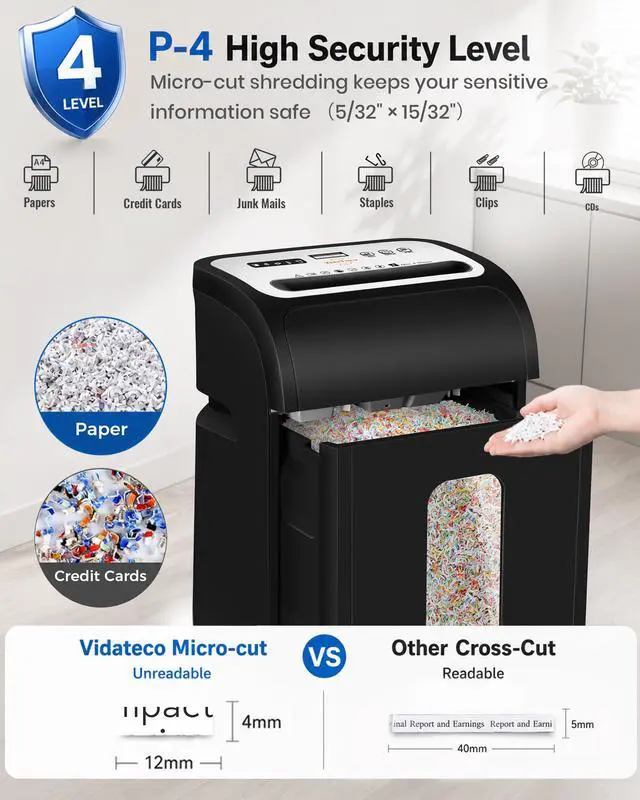 Alt view image 4 of 7 - 14-Sheet Micro Cut Paper Shredder for Home Office Heavy Duty | Auto-Reverse Anti-Jam, 60-Min Runtime P-4 Security, 5.3-Gallon Basket, Commercial Grade Shreds Staple/ CD/ Credit/ Card, ETL