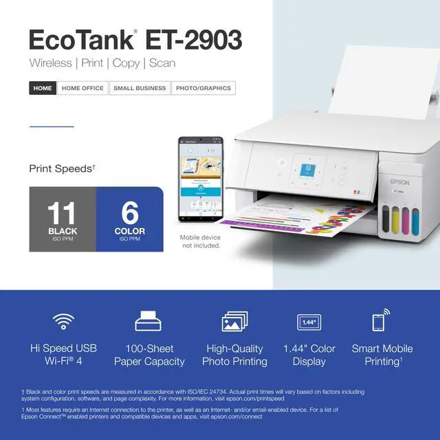 Alt view image 5 of 7 - EcoTank ET-2903 Wireless All-in-One Color Supertank Printer with up to 3 Years of Ink, Refillable Tanks, Perfect for Home, 11 PPM, 1.44" Color Screen, Built-in Scanner White