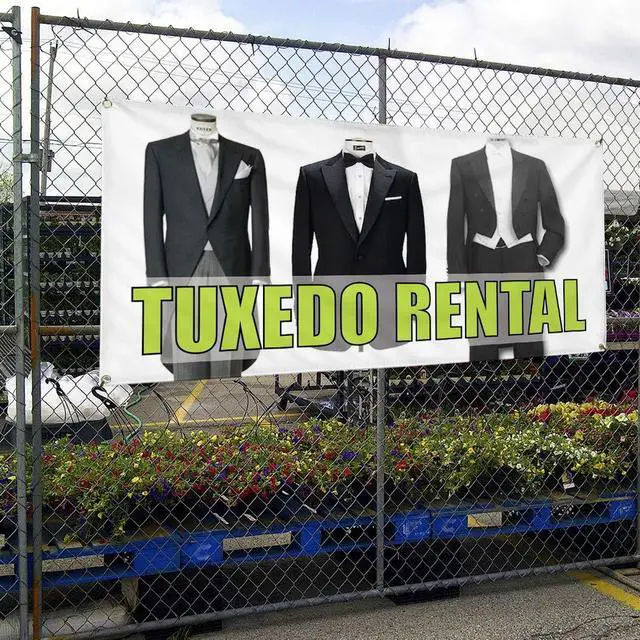 Alt view image 4 of 6 - Vinyl Banner Multiple Sizes Tuxedo Rental Outdoor Advertising Printing Business Outdoor Weatherproof Industrial Yard Signs White 10 Grommets 60x144Inches