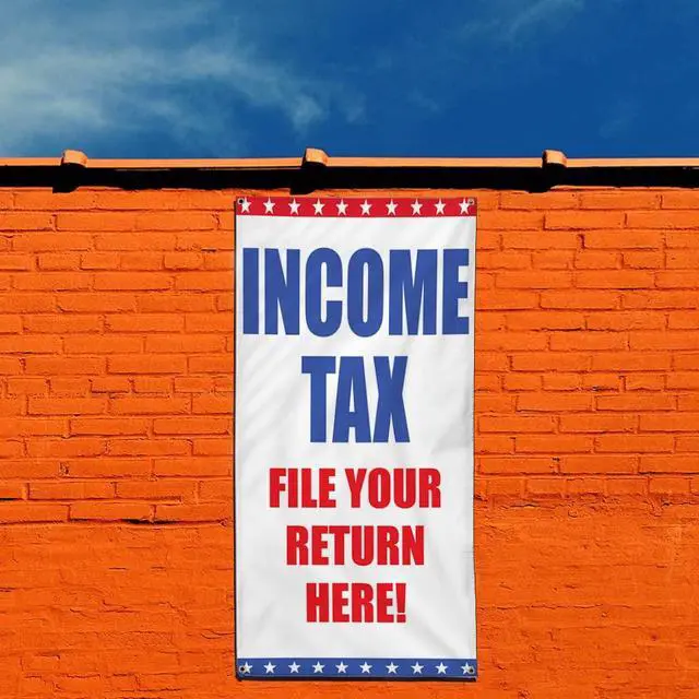 Alt view image 3 of 5 - Vertical Vinyl Banner Multiple Sizes Income Tax File Your Return Here Business Business Outdoor Weatherproof Industrial Yard Signs 10 Grommets 144x60Inches