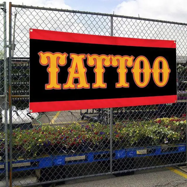 Alt view image 4 of 6 - Vinyl Banner Multiple Sizes Tattoo Business C Business Outdoor Weatherproof Industrial Yard Signs Yellow 10 Grommets 60x144Inches