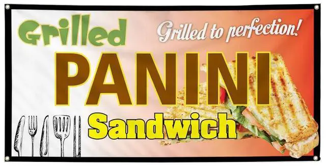 Main image of Vinyl Banner Multiple Sizes Panini Sandwich Grilled to Perfection! Business Outdoor Weatherproof Industrial Yard Signs Brown 10 Grommets 60x144Inches