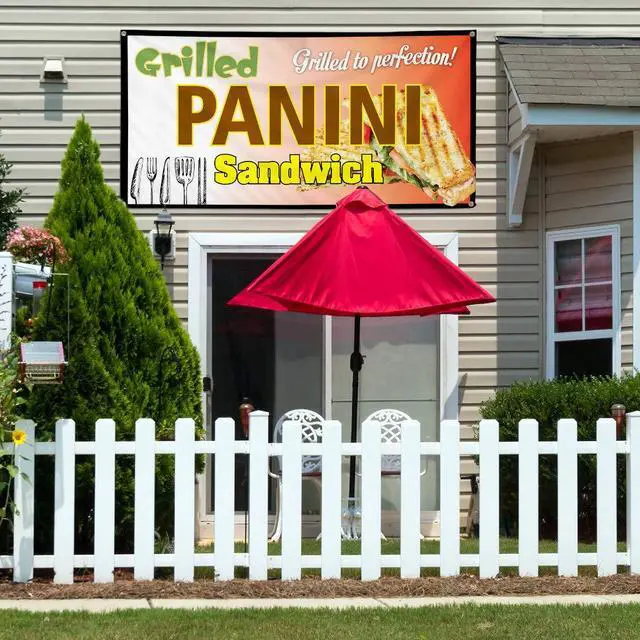 Alt view image 3 of 7 - Vinyl Banner Multiple Sizes Panini Sandwich Grilled to Perfection! Business Outdoor Weatherproof Industrial Yard Signs Brown 10 Grommets 60x144Inches
