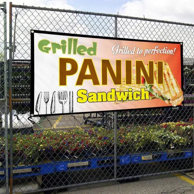 Alt view image 4 of 7 - Vinyl Banner Multiple Sizes Panini Sandwich Grilled to Perfection! Business Outdoor Weatherproof Industrial Yard Signs Brown 10 Grommets 60x144Inches